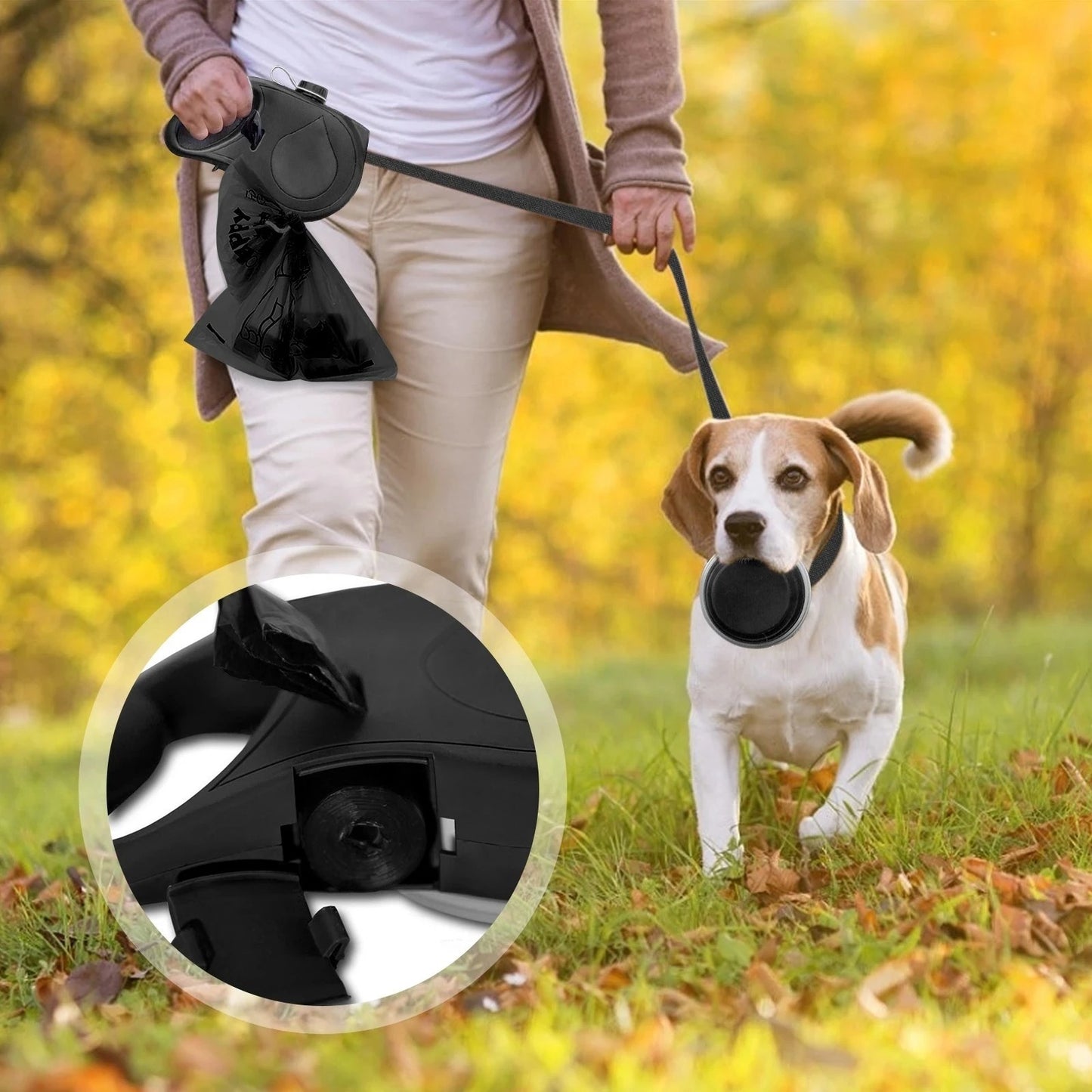 Multifunctional Pet Walking Leash with Water Bottle and Bowl